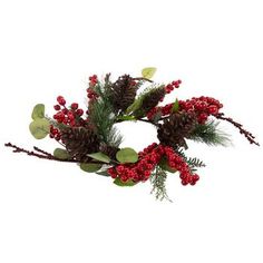 red berries, pine cones and green leaves are arranged in a wreath on a white background