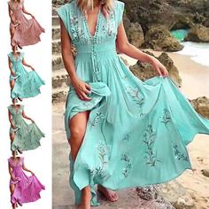 New Women Summer Boho Long Maxi Beach Dress Ladies Evening Party Floral Sundress | eBay French Beach, Boho Print Dress, Boho Chique, Maxi Robes, Vestidos Vintage, Dresses Elegant, Linnet, Beach Summer, Printed Maxi