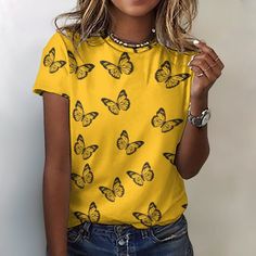 This butterfly yellow women T-shirt  100% cotton women round neck t-shirt is suitable for daily life, home, leisure, office and even going for shopping or different occasion, overall is versatile stylish and make a great gift that goes great with other things like jeans or skits. Material: 100% High Quality Cotton Weight: (219g) Slightly Elastic and Versatile Round Neck Wash: Hand Wash and machine washable, do not bleach Yellow T-shirt For Spring, Trendy Yellow Tops For Everyday, Trendy Tops With Butterfly Print And Relaxed Fit, Casual Everyday T-shirt, Casual Yellow T-shirt For Summer, Yellow Relaxed Fit Tops, Yellow Printed T-shirt For Summer, Yellow Crew Neck T-shirt For Spring, Casual Yellow T-shirt For Everyday