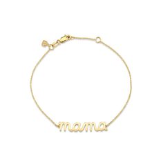 14k gold small Mama bracelet from our Pure Collection spelled out in our signature script. 14k gold cable chain measures approximately 7". Adjustable 14k Yellow Gold Name Bracelet, Classic 14k Gold Custom Name Bracelet, Yellow Gold Name Bracelets For Mother's Day, 14k Gold Name Bracelet Jewelry, Mother's Day Yellow Gold Bracelets With Name, Yellow Gold Adjustable Name Chain Bracelet, Mother's Day Yellow Gold Nameplate Bracelets, Yellow Gold Nameplate Bracelet With Name Detail, Mother's Day Yellow Gold Name Bracelets