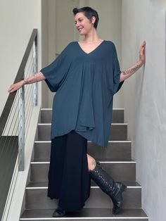 caraucci oversized teal blue v neck empire waist tunic or mini dress #color_teal Chic Rayon Tunic For Summer, Summer Beach Rayon Tunic, Casual Beach Season Loungewear Tunic, Summer Flowy Short Sleeve Tunic, Flowy Short Sleeve Summer Tunic, Loose Fit Beach Tunic Top, Summer Vacation Tunic With Relaxed Fit, Chic Tunic For Spring Loungewear, Relaxed Fit Tunic For Summer Vacation