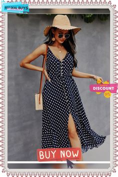 Spring Polka Dot Spaghetti Strap Dress Women Casual V Neck Holiday Style Bandage Dress Ladies High Wasit Summer Dresses Polka Dot Spaghetti Strap Vacation Dress, Polka Dot Summer Dress With Spaghetti Straps, Summer Dress With Polka Dot And Spaghetti Straps, Polka Dot Sundress With Spaghetti Straps, Summer Polka Dot Dress With Buttons, Polka Dot Summer Dress With Buttons, Spaghetti Strap Dress, Holiday Style, Color Pick