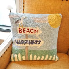 Happiness at the Beach Hooked Pillow - Girl Be Brave Needle Punch Pillow, Beach Theme Pillows, Punch Embroidery, Hooked Pillow, Arrow Sign, Pillow Dimensions, Summer Pillows, Arrow Signs, Sandy Shores