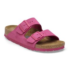 Arizona Soft Footbed Suede Leather Fuchsia Tulip | BIRKENSTOCK Pink Synthetic Round Toe Footbed Sandals, Pink Round Toe Synthetic Footbed Sandals, Comfortable Pink Footbed Sandals With Textured Footbed, Comfortable Pink Footbed Sandals With Textured Sole, Comfortable Pink Textured Footbed Sandals, Pink Cushioned Slides With Round Toe, Pink Slide Sandals With Cushioned Footbed, Pink Slides With Cushioned Footbed And Round Toe, Pink Flat Slides With Removable Insole