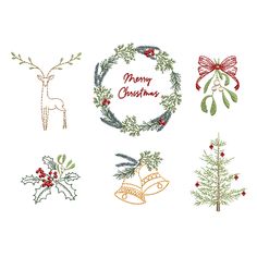 embroidery designs for christmas wreaths, bells, and holly leaves on white background with merry lettering