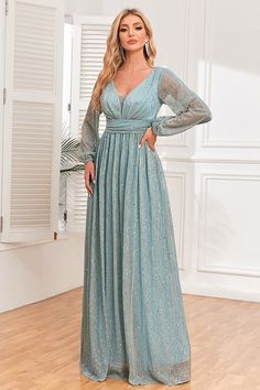 A-Line Sequins Blue Formal Dress with Long Sleeves Elegant Evening Dress, Blue Dress Formal, Maxi Dress Prom, فستان سهرة, Maxi Robes, Evening Dresses Elegant, Long Prom Dress, Sheer Sleeves, Mother Of The Bride Dresses