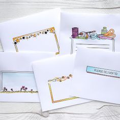 four greeting cards with an image of children's toys on the top and bottom