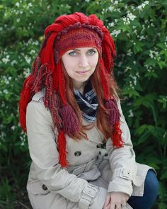 Winter Crochet Red Shaman Hat Festival Headdress With | Etsy Ukraine Bohemian Winter Costume Hats And Headpieces, Whimsical Crochet Hat For Festivals, Red Adjustable Bohemian Crochet Hat, Adjustable Bohemian Red Crochet Hat, Handmade Bohemian Costume Hats For Winter, Red Bohemian Crochet Hat For Winter, Red Bohemian Crochet Beanie Hat, Hand Knitted Yarn Festival Hats, Festival Hand Knitted Yarn Hats