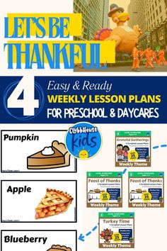 the thanksgiving lesson for preschool and daycares is shown in this image with instructions to teach