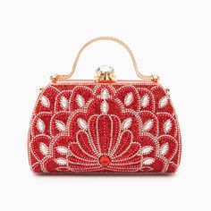 Red Luxury Embellished Red Bags, Luxury Red Embellished Bag, Red Embellished Rectangular Bag, Red Embellished Evening Bag, Red Embellished Bag For Formal Occasions, Elegant Red Embellished Evening Bag, Formal Red Embellished Bag, Red Embellished Clutch For Formal Occasions, Glamorous Red Embellished Bag