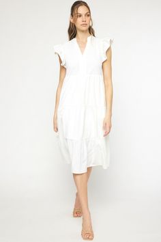 This Ruffled Pocket Tiered Midi Dress is perfect for any occasion! It's lightweight, has fun sleeves that are ruffled to perfection, and can easily be switched from casual to dressy. Forget a closet full of options-- this dress has you covered! This dress features a v-neck, placket, ruffled cap sleeves, pockets, is lined and has a tiered flowy midi silhouette. It's the perfect additional to your wardrobe. Small Bust 38" Length 44" : Medium Bust 40" Length 44" Large Bust 42" Length 44" : XL Bust Fun Sleeves, Tiered Midi Dress, Kimono Jacket, Large Bust, Small Bust, Cap Sleeves, Cool Style, Midi Dress, Off White