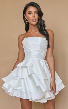 Allisyn Mini Dress - Strapless Tiered Flare Dress in White Formal Dresses White, Prom Dresses Strapless, Strapless Prom Dresses, White Prom Dress, Bridal Shower Dress, Mini Dress Formal, Shower Dresses, White Dresses, Hoco Dresses