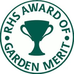 the logo for the rhs award of garden merits, which includes a trophy