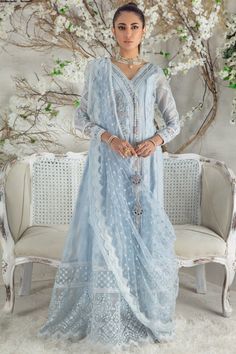 Viviana Sarah Sarosh, Shadi Dresses, Sky Blue Dress, Pearl Work, Designer Outfit, Diy Embroidery Designs, Master Card, Pakistan Fashion, Pure Chiffon