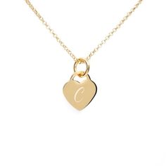 This gold vermeil heart necklace can be engraved front and reverse with an initial, date, name, symbol or short message to create a unique and stylish piece of jewellery.  The heart charm will come complete with a gold vermeil belcher chain. (Curb chains available on request)This stylish necklace makes is an ideal gift for Christmas, birthday or thank you gift. Create a wonderful piece of jewellery, special to both you and and the recipient.  Manufactured from: 18ct Gold Vermeil. Engraving of fr Personalized Gold Heart Necklace For Everyday, Personalized Yellow Gold Heart Pendant Charm Necklace, 14k Gold Charm Necklace With Heart And Initial Pendant, Yellow Gold Heart Charm Necklace For Mother's Day, Everyday Gold Engraved Heart Necklace, Classic Heart Charm Necklace With Initial Pendant, Gold Initial Necklace With Heart Charm For Personalized Gift, Personalized Gold Heart Charm Necklace, Personalized Gold Heart Pendant Initial Necklace