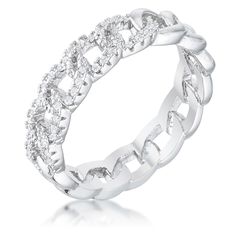 This stunning ring is crafted with rhodium plating the same metal that gives white gold its lustrous shine. The chain design is beautified by round cubic zirconia for an opulent yet elegant flare. This ring makes a beautiful statement on the finger of the one you love. Linking Rings, Diamond Chain, Chain Design, Modern Ring, Cz Ring, Chain Ring, Cz Stone, Quality Jewelry, Chain Link