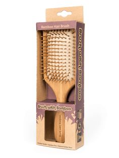 Our bamboo hair brush is a zero waste alternative to hair brushes made with synthetic materials. It has a natural and luxurious feel, and functions exactly like conventional hair brushes. Brush pins are pure bamboo. Cushion base is natural rubber. Bamboo handle has a beeswax finish. Compostable packaging made from paper only. The Bamboo Hair Brush is resistant to water damage. However, excessive water exposure should be avoided. If the brush becomes wet, we recommend using a towel to wipe it dry Hair Brush Packaging, Bamboo Hairbrush, Eco Makeup, Bamboo Hair Brush, Tea Lounge, Future Shop, Wooden Paddle, Bamboo Brush, Wooden Brush