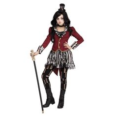 Marvel at biological rarities and oversee the freaks of nature exhibit this season when you're wearing our Girls Freak Show Ringmistress Halloween Costume. This item features a black and white striped dress, burgundy tailcoat jacket with ruffled collar, spats and a mini top hat attached to headband. Gather the conjoined twins, bearded lady, lobster man and human pin cushion and get ready to showcase the best freaks this season in our Girls Freak Show Ringmistress Halloween Costume! Available at Ringmaster Costume, Hallowen Costume, Circus Costume, Costumes For Teens, Mini Top Hat, Plastic Headband, Fun World, Fete Halloween, Dress Hats