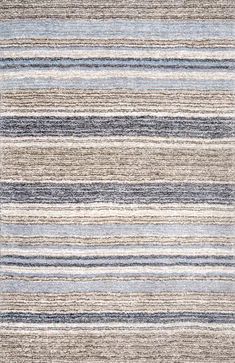 an area rug with multicolored stripes in grey, blue and beige colors on the floor