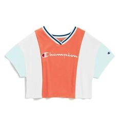 Champion - Nwt Size S Women's Short Sleeve Colorblock Tee - Groovy Papaya Colorblock Tee With An Oversized Football Jersey Fit. All Cotton Jersey With Colorblocked Body. Retro Stripe, Ribbed V-Neck And Dropped Shoulder For An Authentic Look.On-Trend, Cropped Length.Embroidered Champion Logo Center Chest. C Patch Logo On Sleeve. All Cotton Jersey With Colorblocked Body. Retro Stripe, Ribbed V-Neck And Dropped Shoulder For An Authentic Look. On-Trend, Cropped Length. Embroidered Champion Logo Center Chest. C Patch Logo On Sleeve Groovy Papaya/White/Barely Blue V-Neck Short Sleeve Athleisure Color Block Short Sleeve Tops, Sporty Summer Tops With Contrast Color, Color Block Short Sleeve Athleisure Tops, Summer Sporty Top With Contrast Color, Sporty Tops With Color Contrast For Spring, Athleisure Color Block Cotton Top, White Color Block T-shirt For Spring, Summer Color Block Athleisure Top, Cotton Color Block Tops For Athleisure