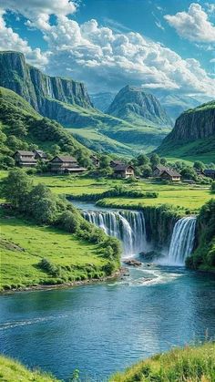 a waterfall in the middle of a lush green valley with houses on it's sides