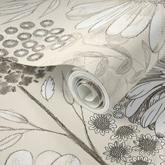 an image of a wallpaper with flowers and leaves in grey, black and white colors