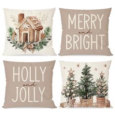 three christmas pillows with the words merry and bright, holly and jollyy on them