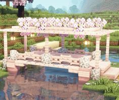 Minecraft Rose Build, Pink Minecraft House Layout, Minecraft Builds No Mods, Cherry Blossom Gazebo Minecraft, Wood Bridge Minecraft, Pink Fountain Minecraft, Pink Bridge Minecraft, Cherry Blossom Village, Cherry Blossom Pond Minecraft