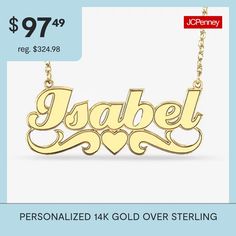 Personalize your look with a name pendant, set off by a single heart.Personalize: Up to 8 characters in script fontFeatures: Monogrammable, PersonalizedJewelry Closure: Spring Ring ClaspLink Construction: HollowMetal Color: YellowChain Length: 18 InchChain Width: 1.25 MillimetersChain Construction: RopeCare: Wipe CleanMetal: 14k Gold Over SilverNecklace Type: Name NecklacesAssembled in the US from Imported Materials Customizable 14k Gold Name Necklace For Anniversary, Customizable Yellow Gold Name Necklace For Anniversary, Classic Name Necklace With Hallmark For Anniversary, Customizable Nameplate Necklace For Anniversary, Classic Name Necklace For Mother's Day Anniversary, Customized 14k Gold Name Necklace For Mother's Day, Gold Hallmark Nameplate Necklace, Customizable Gold Name Necklace For Anniversary, Gold Nameplate Necklace With Hallmark