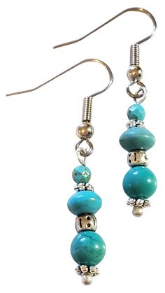 Howlite Turquoise Earrings Earth Beauty Jewelry 895 The young lady in your life would like very much to have these Howlite Turquoise Earrings. Start a lifetime of collecting unique, fun earrings. All my jewelry is handmade, charged by the sun, and infused with my own unique blend of loving, healing intent. Materials: Howlite Turquoise beads, silver-plated spacer beads, eye pins, ear hooks. Approximately 1.5" long Only one available $25.99 Handmade Turquoise Earrings As Gift, Handmade Turquoise Earrings For Gifts, Turquoise Jewelry With Matching Earrings As Gift, Turquoise Drop Earrings For Gift, Nickel Free Turquoise Drop Earrings, Handmade Turquoise Dangle Earrings, Artisan Turquoise Pierced Jewelry, Turquoise Pierced Earrings, Turquoise Jewelry Set With Matching Earrings As Gift