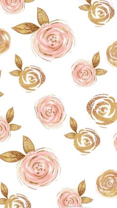 pink and gold roses with leaves on a white background for wallpaper or fabric design