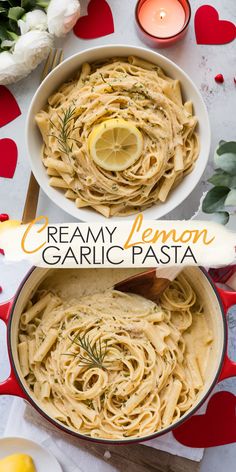 creamy lemon garlic pasta in a white bowl