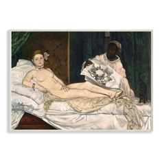 a painting of a woman laying on a bed next to a man with flowers in his lap