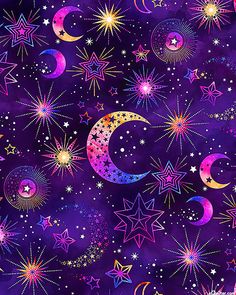 a purple background with stars and crescents in the sky, on top of it