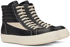 High-top grained calfskin sneakers in black. · Lace-up closure · Quilted padded collar · Calfskin suede appliqué at sides · Calfskin lining · Treaded thermoplastic rubber sole · Contrast stitching in off-white Supplier color: Black/Milk/Milk Rick Owens Sneakers, Blue Milk, Vintage Sneakers, Black Milk, Contrast Stitch, Rick Owens, Sneakers Black, High Top, Black Lace