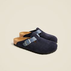 Birkenstock® Boston suede clogs with leather strap Mens Birkenstocks, Navy Boston Birkenstocks, Blue Boston Birkenstocks, Birkenstock Aesthetic, Fall Shoes 2024, Blue Birkenstocks, Birkenstock Boston Suede Leather, Birkenstocks With Socks, Men’s Clogs Birkenstock