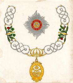 an ornate gold and silver necklace with two medallions on the front, surrounded by holly leaves