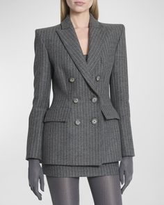 Alex Perry blazer jacket featuring pinstripe motif and padded shoulders    Approx. 25"L from shoulder to hem    Peak lapels; doublebreasted front    Long sleeves; button cuffs    Chest welt pocket; side flap pockets    Fitted    Doublevented hem    Wool/polyester/Promodal® rayon    Lining: Acetate/polyester    Dry clean    Imported Channel Blazer, Women Double Breasted Suit, Woman Blazer, Womens Blazer, Suit Outfits For Women, Double Breasted Blazer Outfit Women, Stylish Business Outfits, Blazer Outfits For Women, Cute Nike Outfits