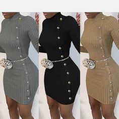 three different styles of dresses with buttons on the sides, one in grey and one in black