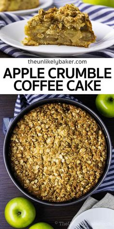 an apple crumble coffee cake in a pan and on a plate with apples