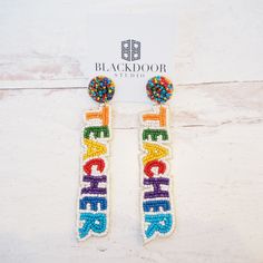 Beaded Teacher Earrings - Girl Be Brave Fun Handmade Adjustable Earrings, Handmade Adjustable Fun Earrings, Adjustable Rainbow Earrings As Gift, Handmade Adjustable Fun Beaded Earrings, Handmade Fun Jewelry For Mother's Day, Fun Handmade Jewelry For Mother's Day, Playful Personalized Multicolor Earrings, Playful Multicolor Personalized Earrings, Handmade Fun Beaded Earrings For Gifts