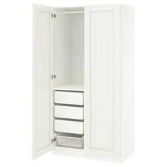 an open white cabinet with two drawers