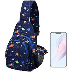 an image of a blue backpack with space and stars on it next to a phone