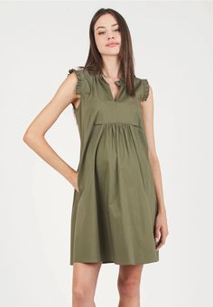 Stay stylish and comfortable this summer with Sophia, the perfect maternity dress made of fresh and breathable cotton poplin. With its feminine ruffles, V-cut neckline, and flared shape, it's designed to provide space for belly growth while still offering a comfortable fit. Perfect for casual occasions, even on the hottest days. 70% Cotton, 26% Nylon 4% Elastane Made In Italy Retails for $106.28 V Cuts, Hot Days, Cotton Poplin, Maternity Dresses, Sofia, Ruffles, Green Dress, Dress Making, Day Dresses