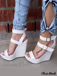 Olivia Mark - Stylish Womens White Wedge Sandals with Platform, Open Toe, and Buckle Detail - Enhancing Your Footwear Collection Prom Shoes Pumps, Sandals With Platform, White Wedge Heels, White Wedge Sandals, Size 11 Women Shoes, Elegant Heels, White Wedges, Womens Stilettos, Sandal Shoes