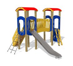 a children's play set with a slide and climbing frame in yellow, blue, and red