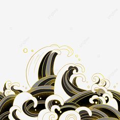 an abstract background with waves and bubbles in black and gold colors on a white background