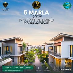 an advertisement for the 5 marla village eco - friendly homes in malaysia, which has been