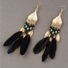 Boho Black & Gold With Turquoise Beading & Black Feathers Summer Party Black Jewelry, Black Dangle Earrings For Summer, Black Dangle Jewelry For Summer, Black Bohemian Jewelry For Beach, Black Dangle Jewelry For Beach, Beach Jewelry With Black Dangling Beads, Black Beaded Earrings For The Beach, Black Dangling Beads Jewelry For Beach, Black Beaded Earrings For Beach