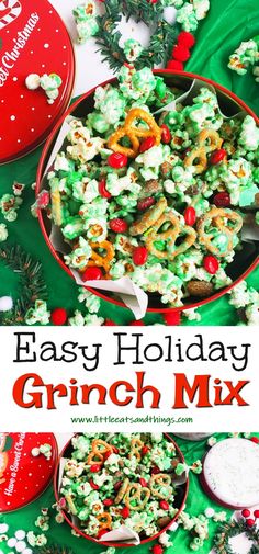 an easy holiday grinch mix recipe in a red bowl